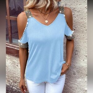Women's Light Blue Cold Shoulder Top